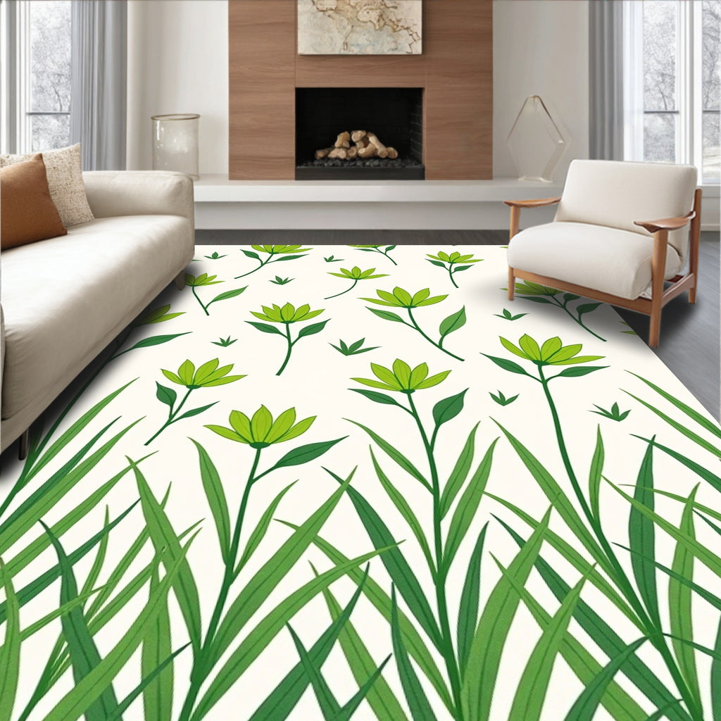 Green Floral With Grass Pattern Rug