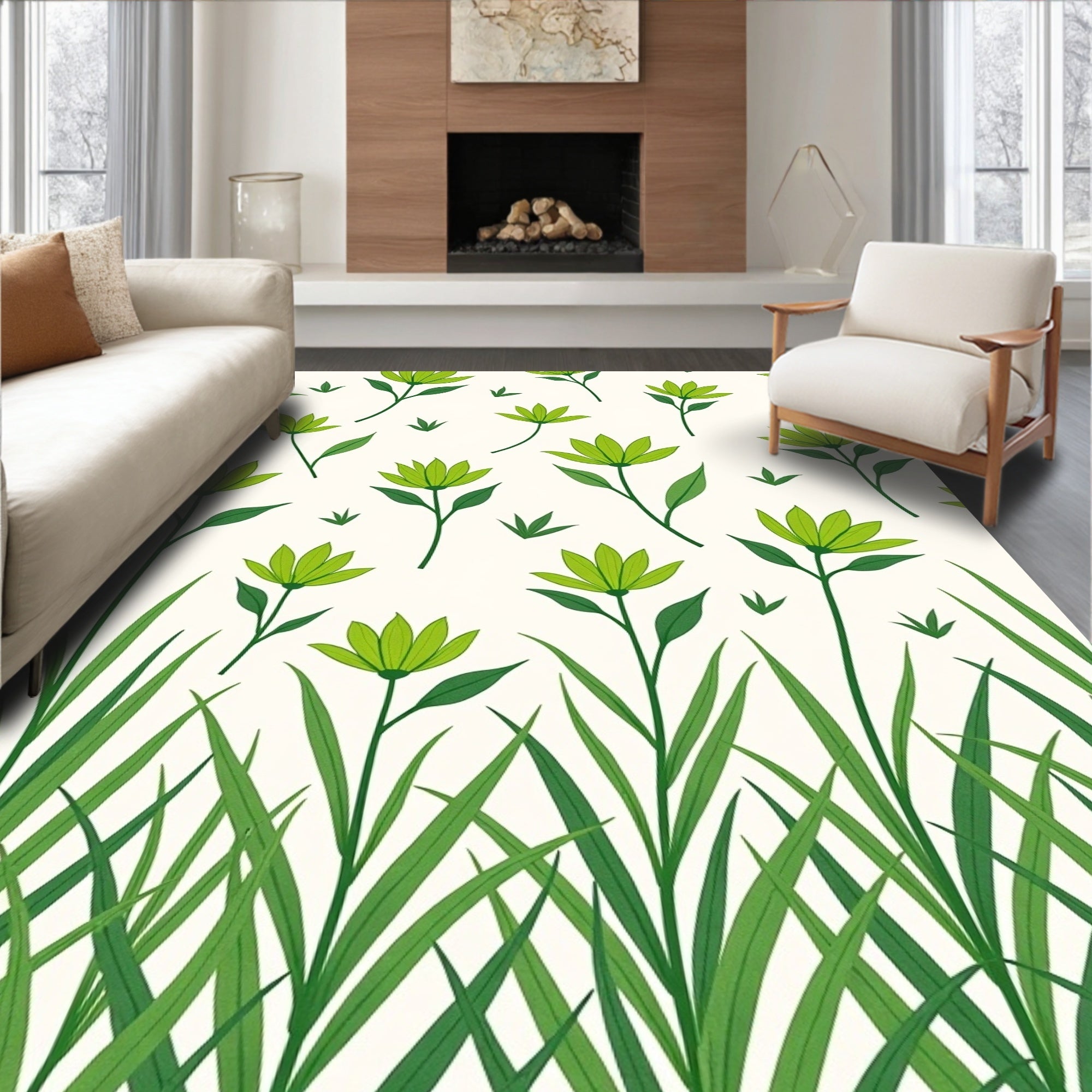 Green Floral With Grass Pattern Rug
