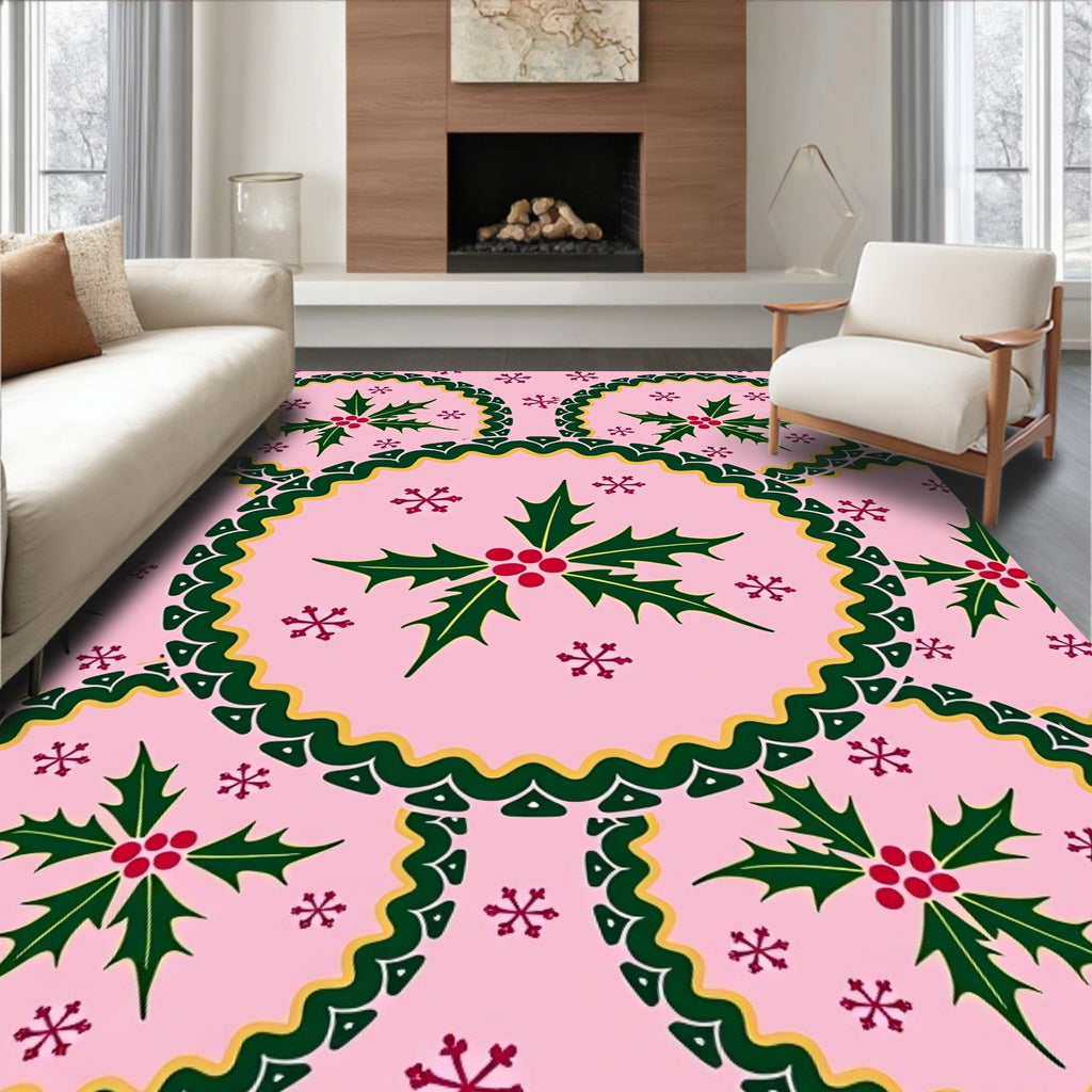 Pink Christmas Holly Snowflake Medallions Rug