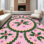 Pink Christmas Holly Snowflake Medallions Rug