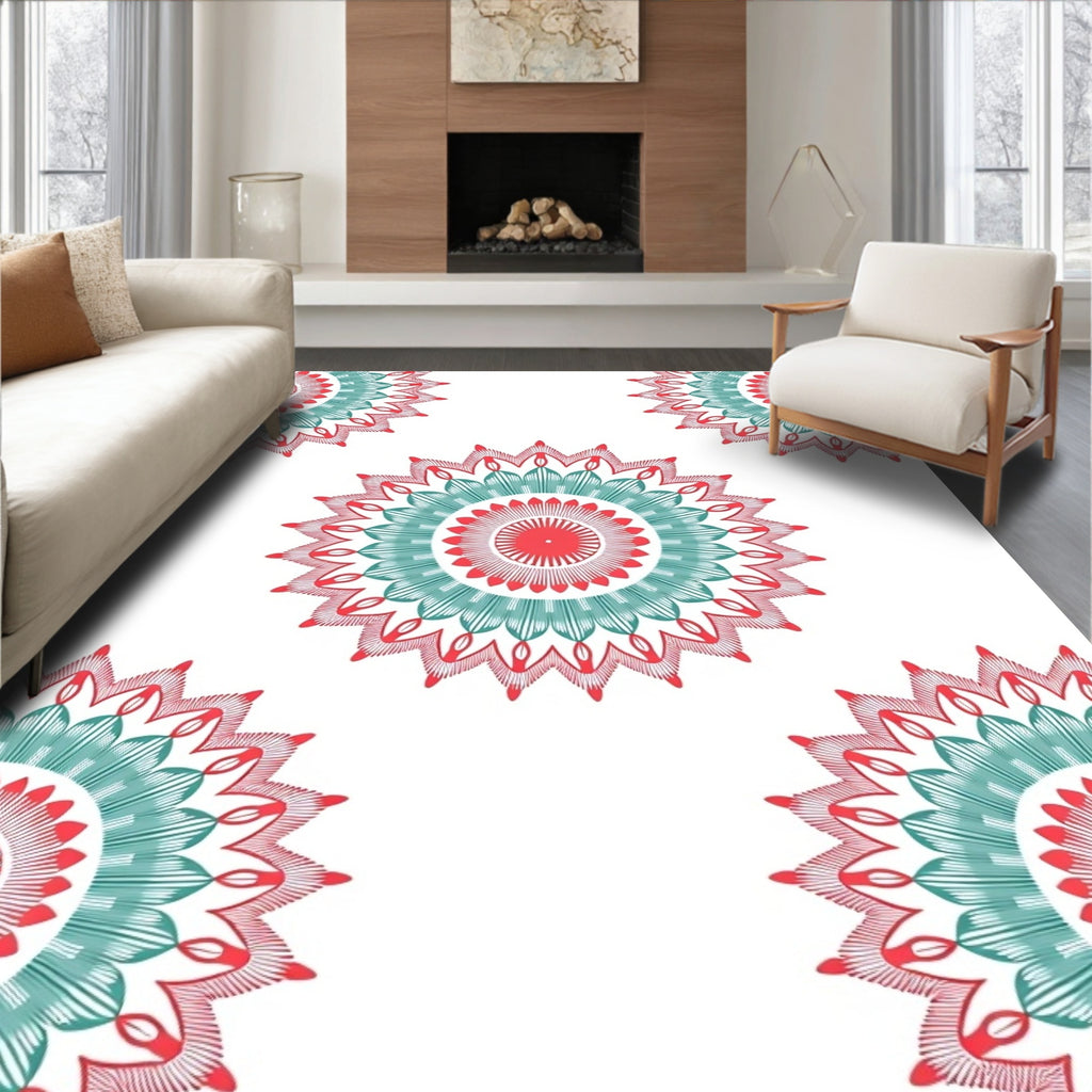 Coral Teal Mandala Patterned Design Rug