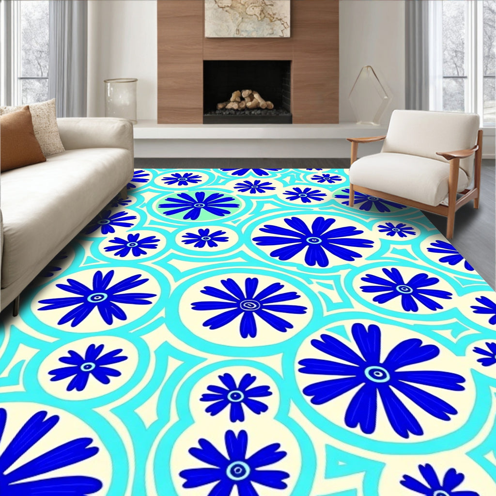 Abstract Blue Flower Circles Rug