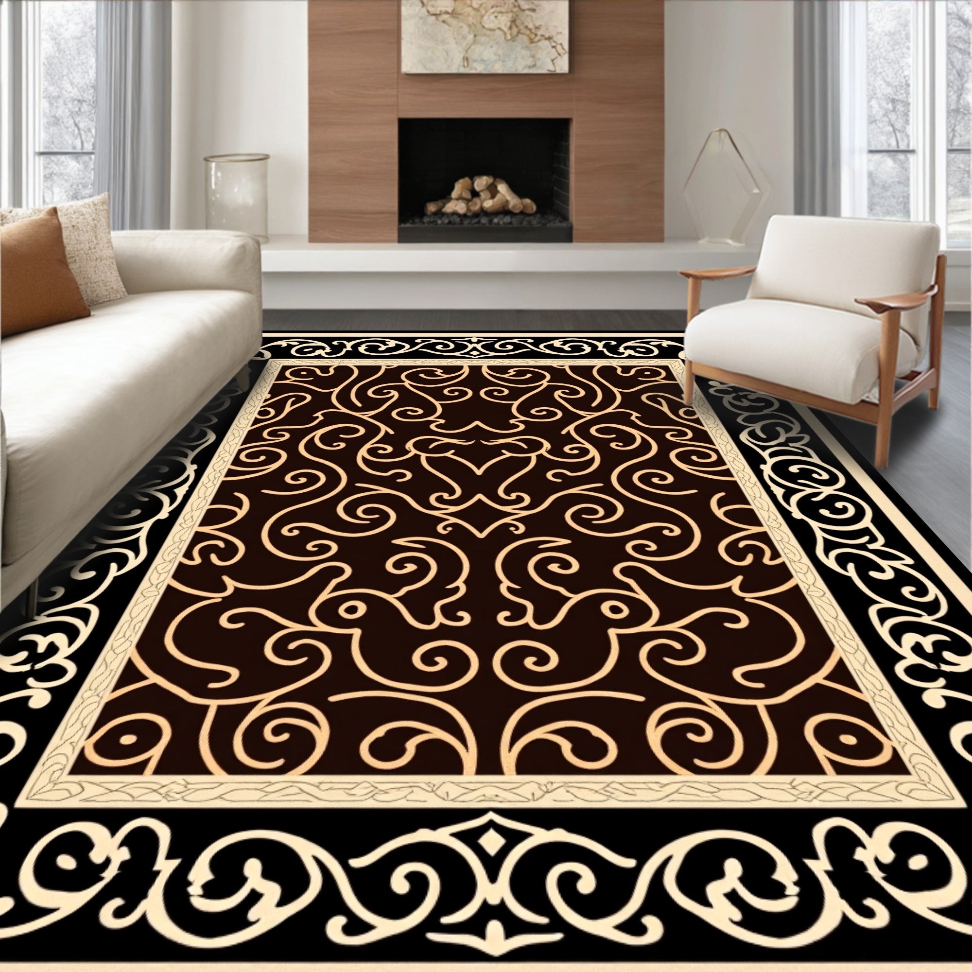Ornate Scrollwork Black Beige Design Rug