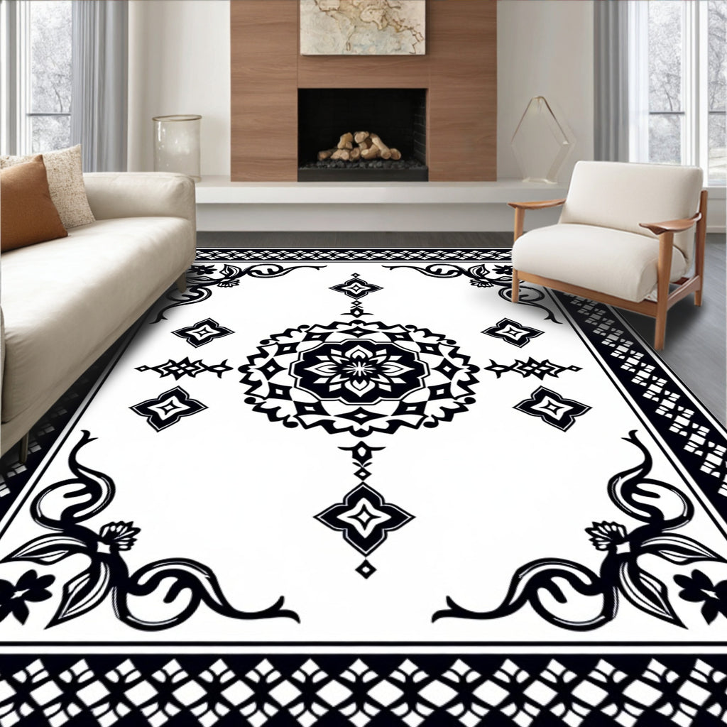 Black White Floral Medallion Rug