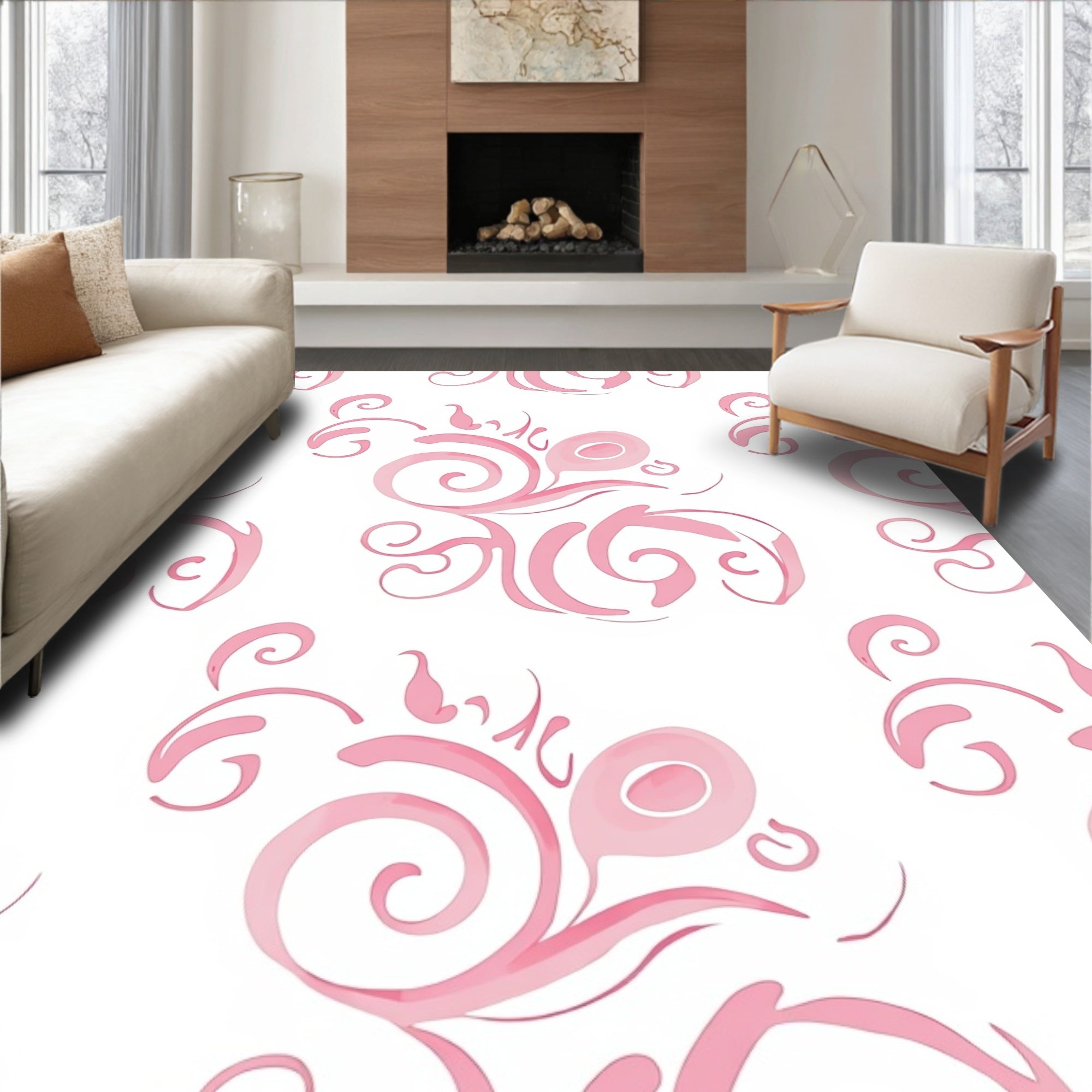 Pink Swirl Floral Pattern Rug