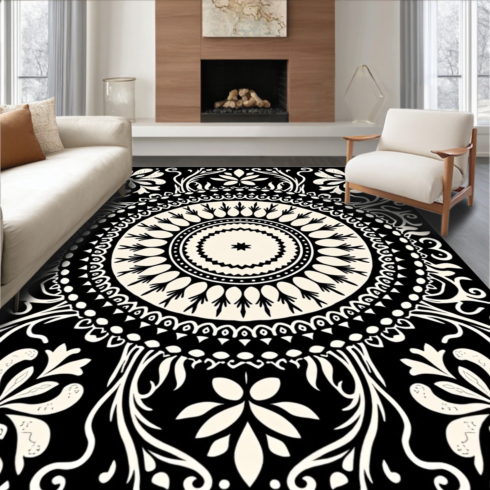 Black Cream Mandala Floral Pattern Rug