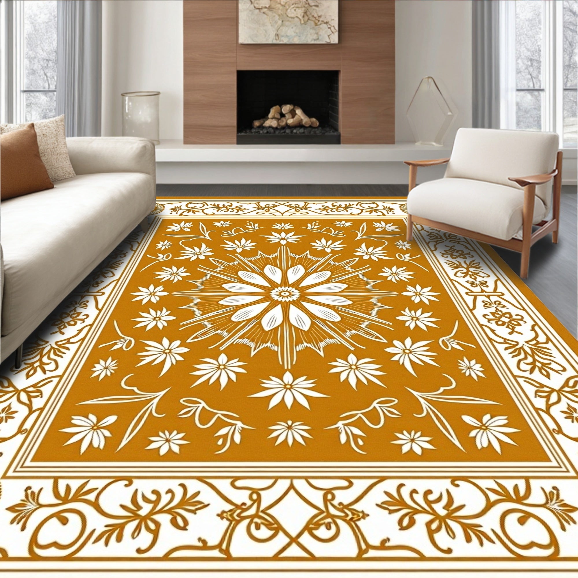 Golden Floral Intricate Pattern Rug