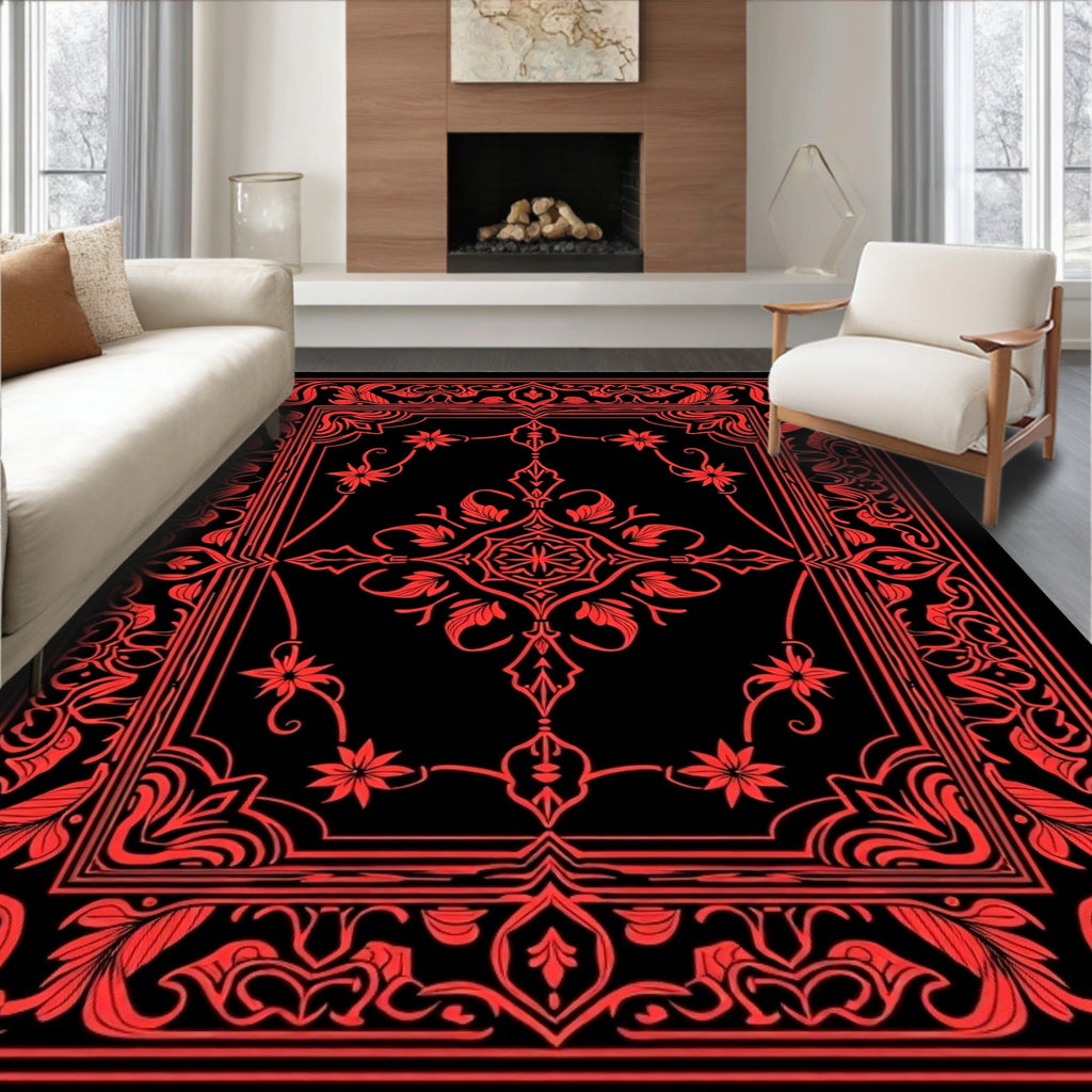 Ornate Red Floral Scroll Pattern Rug