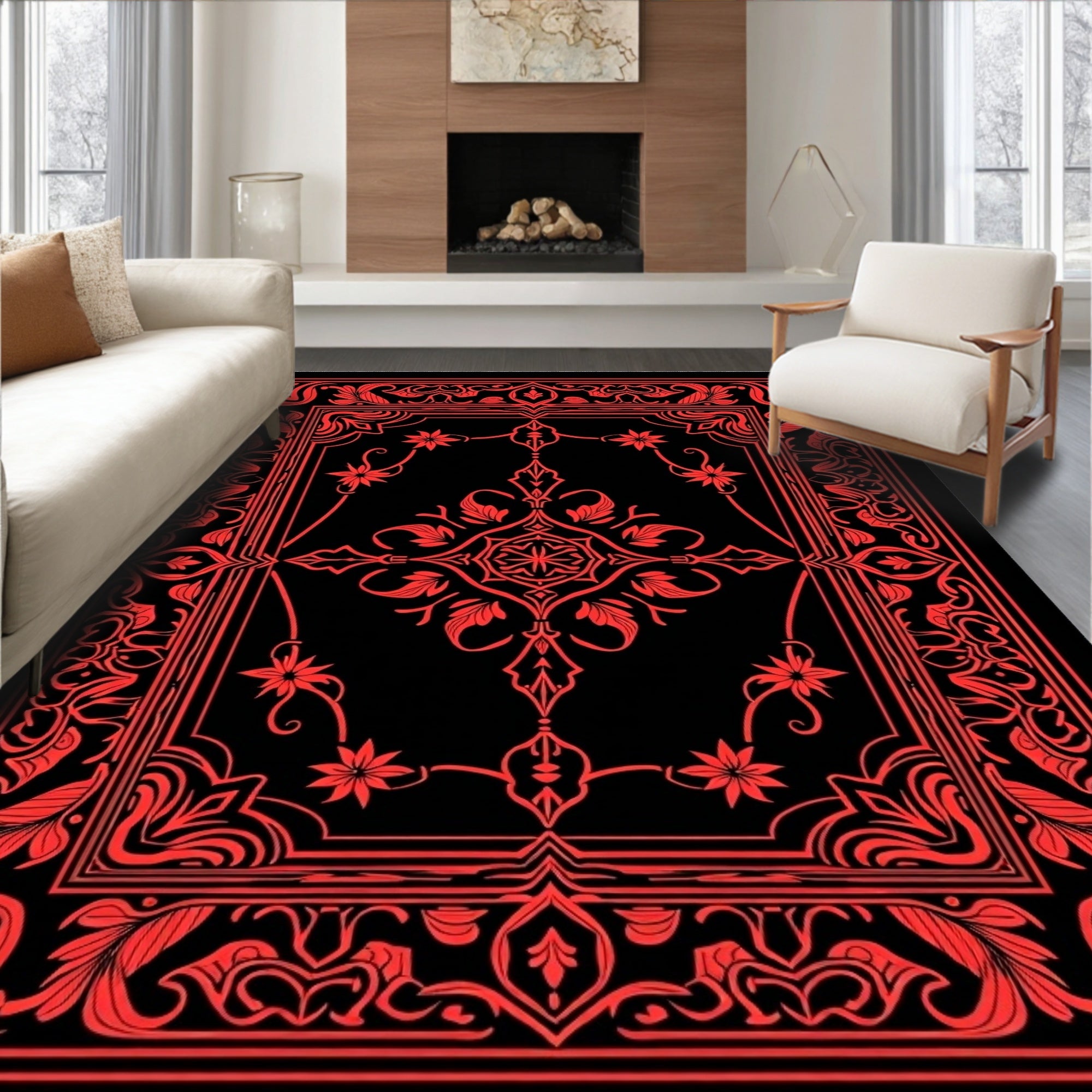 Ornate Red Floral Scroll Pattern Rug