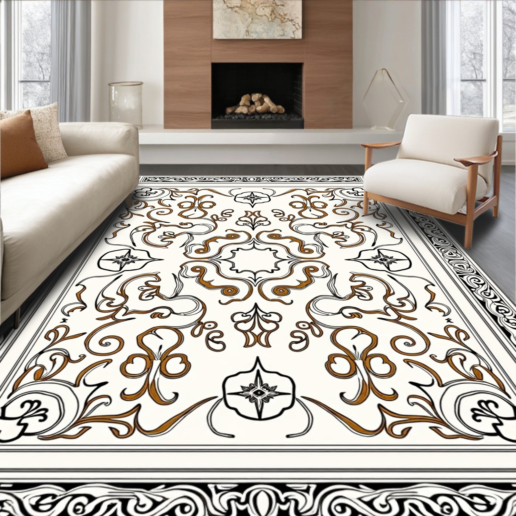 Elegant Brown and Black Floral Swirl Rug