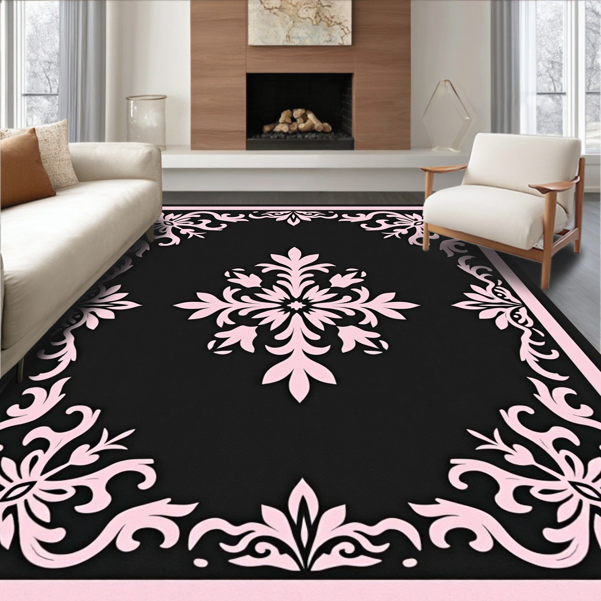Elegant Pink Floral Border Design Rug