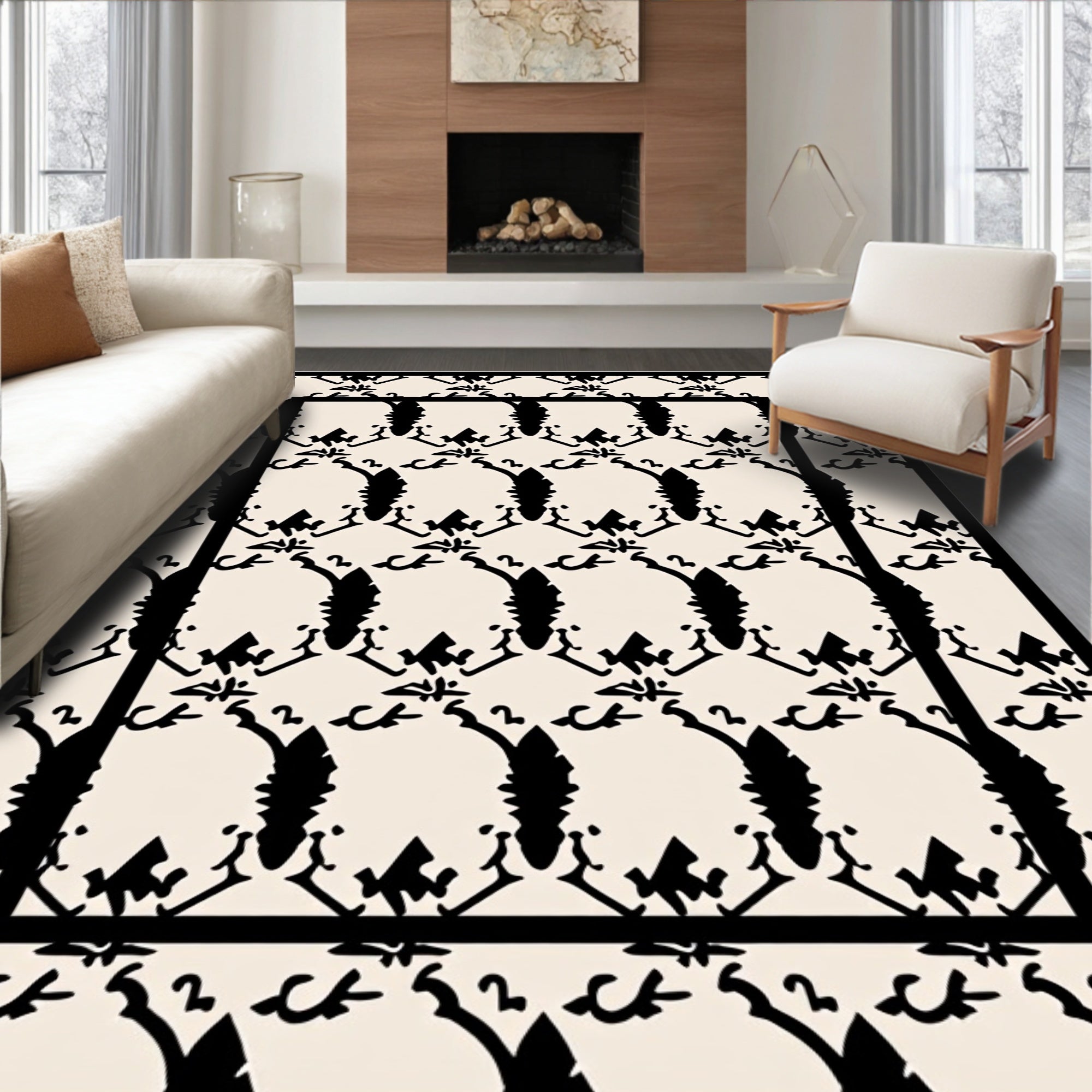 Black Formal Damask Pattern Rug