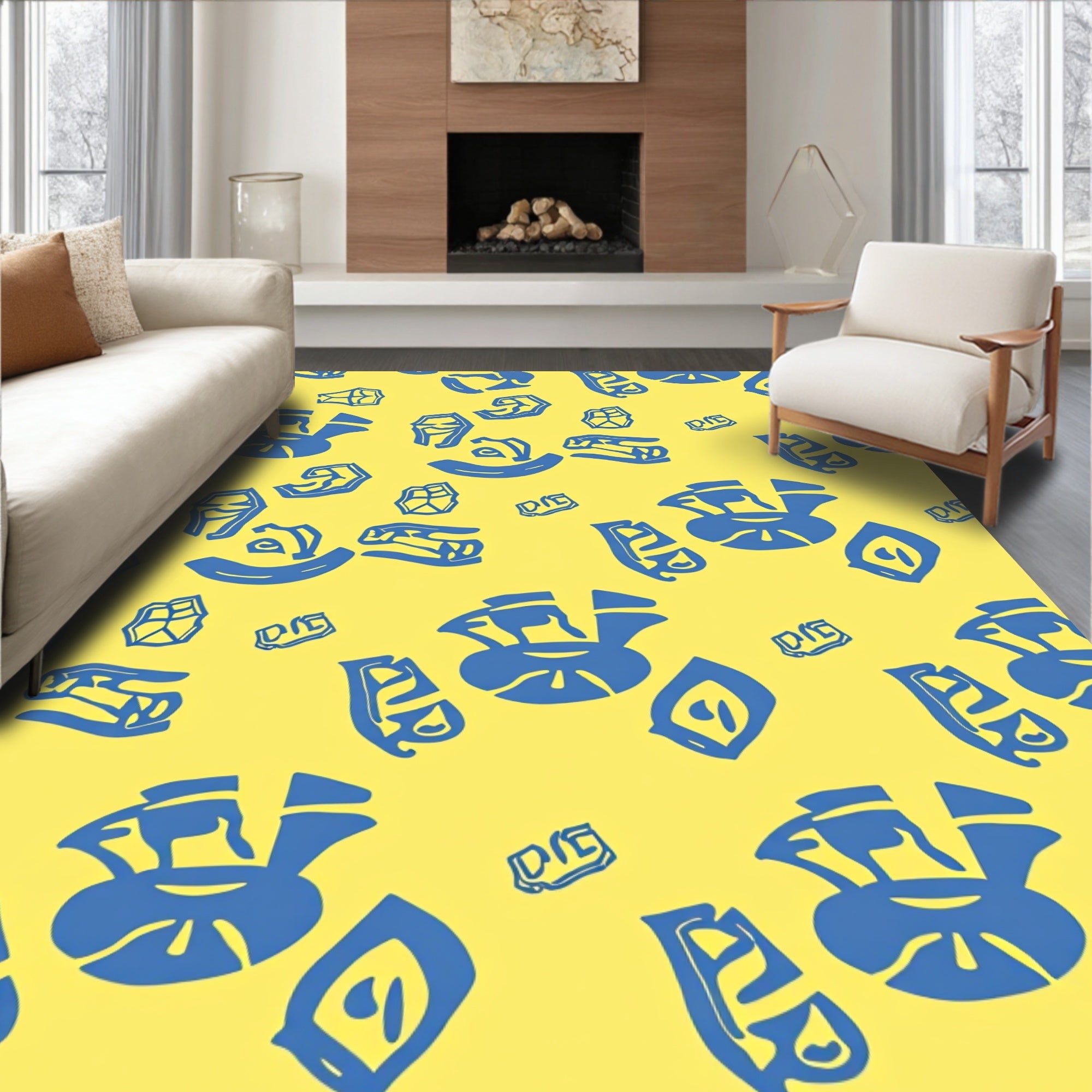 Abstract Blue Floral And Object Pattern Rug