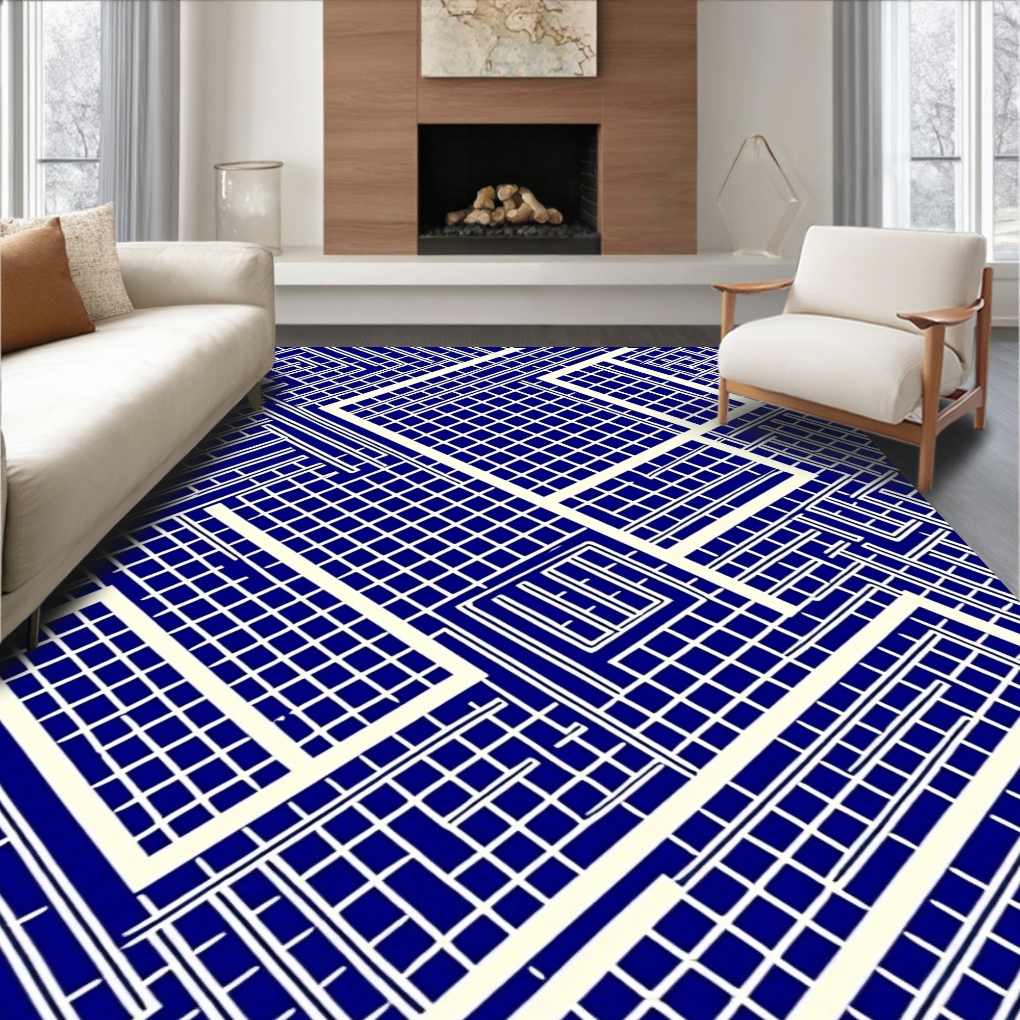 Abstract Geometric Blue Linear Design Rug