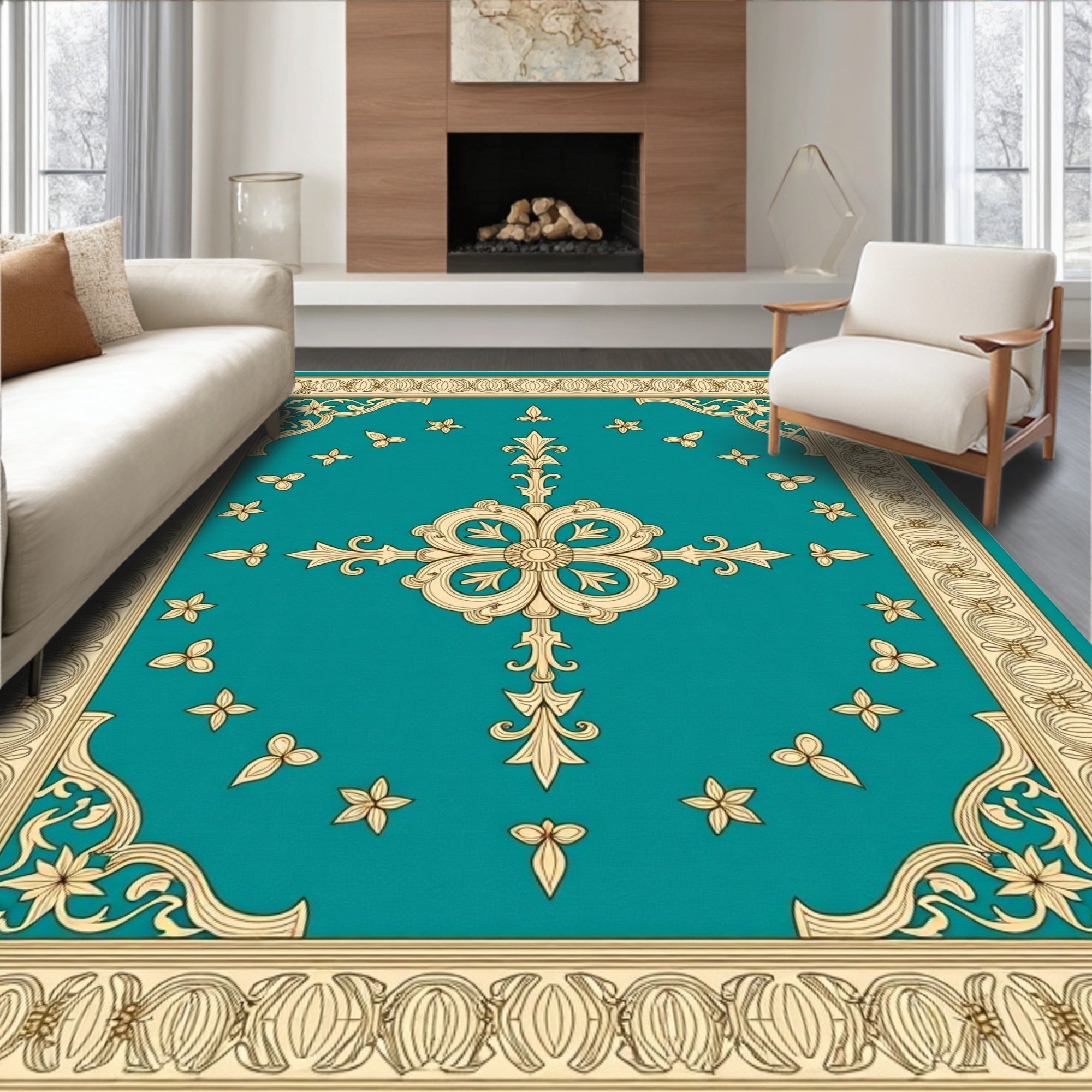Teal Gold Medallion Floral Border Design Rug