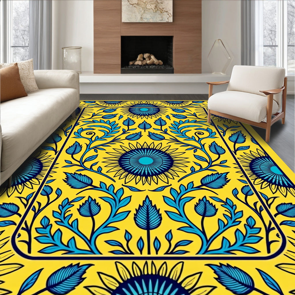 Yellow Blue Floral Sunburst Rug