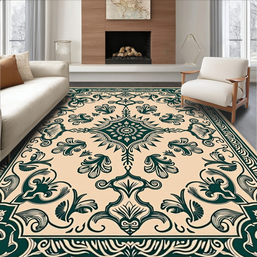 Dark Green Floral Scroll Traditional Rug