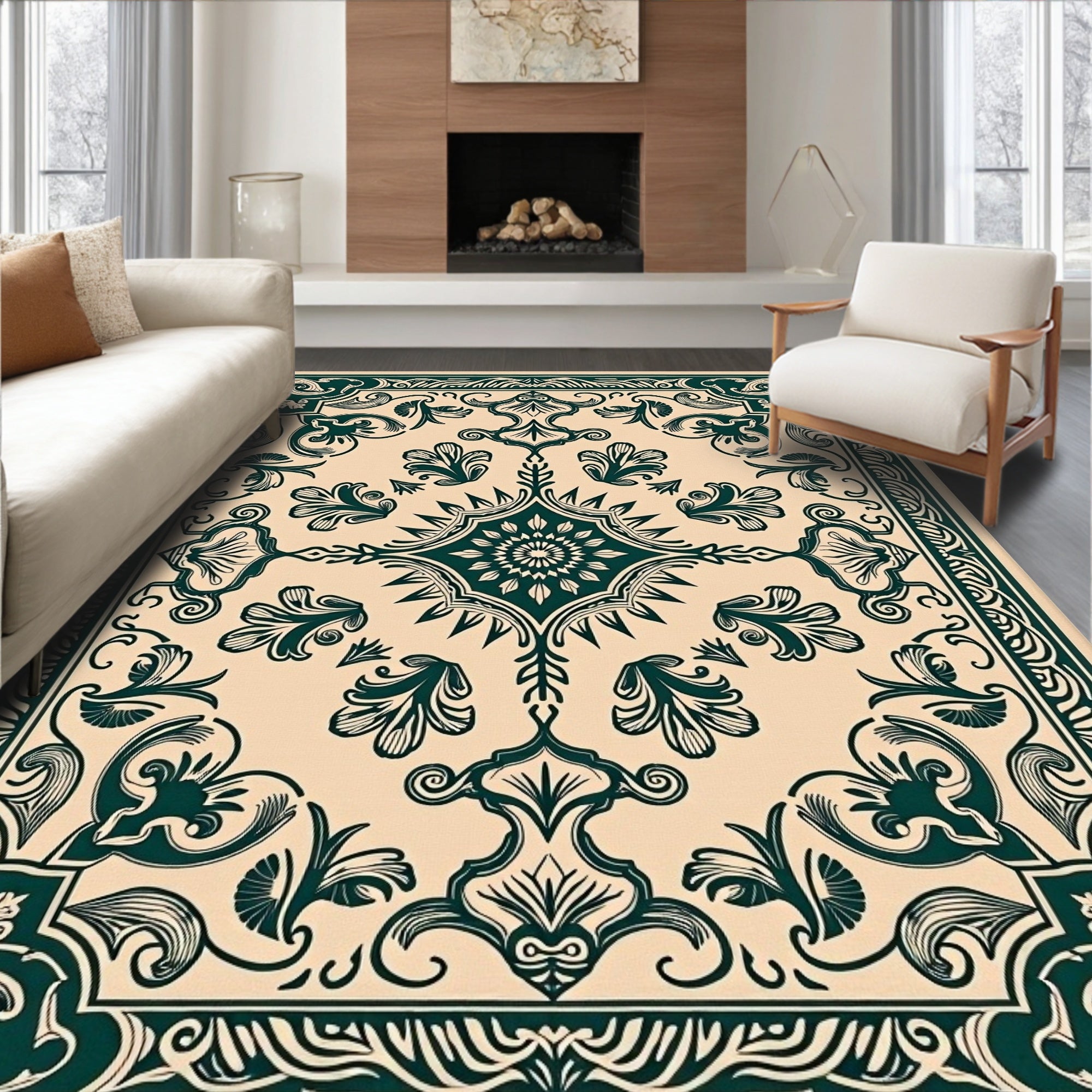 Dark Green Floral Scroll Traditional Rug