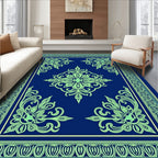 Royal Blue Light Green Floral Border Rug