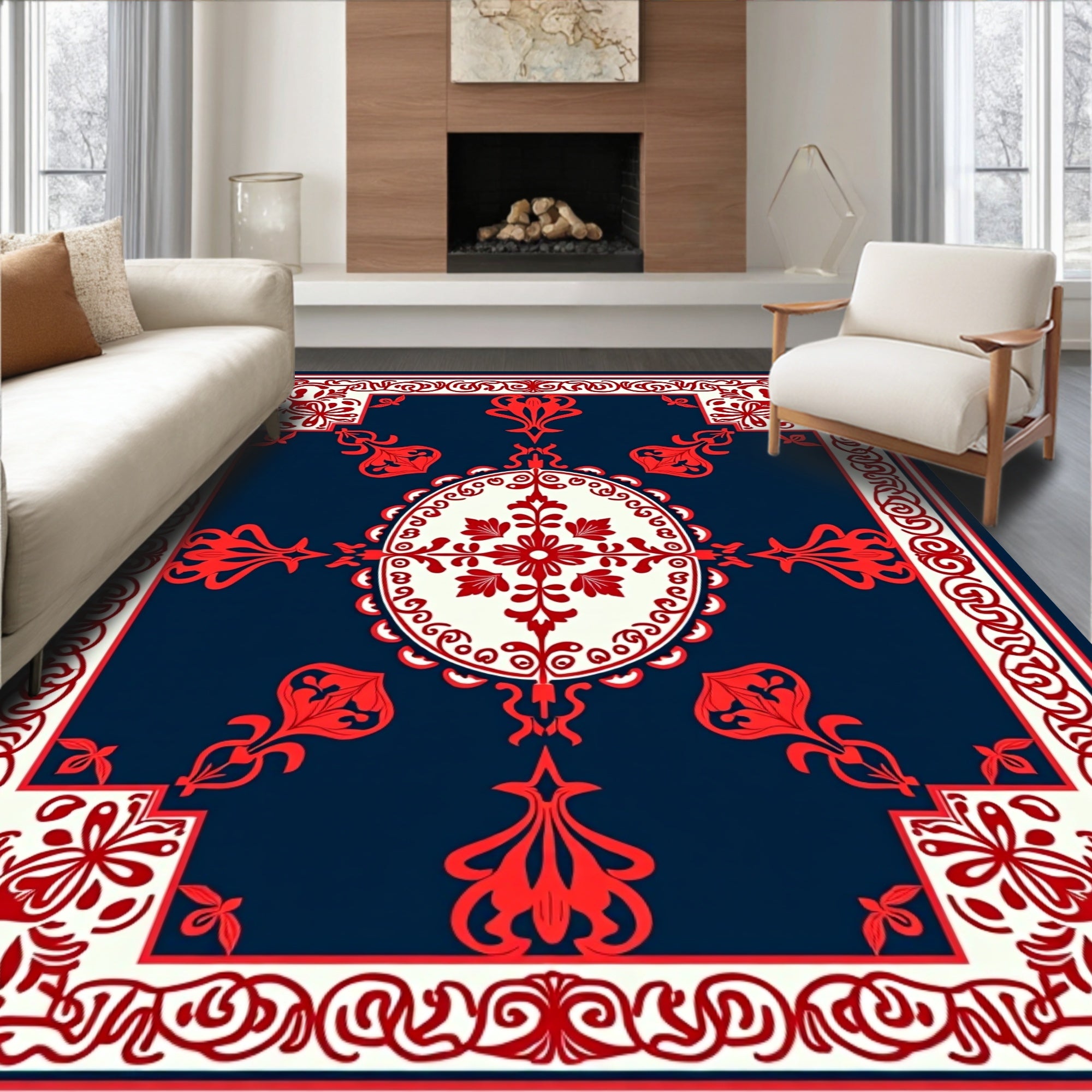 Ornate Red Floral Symmetrical Design Rug