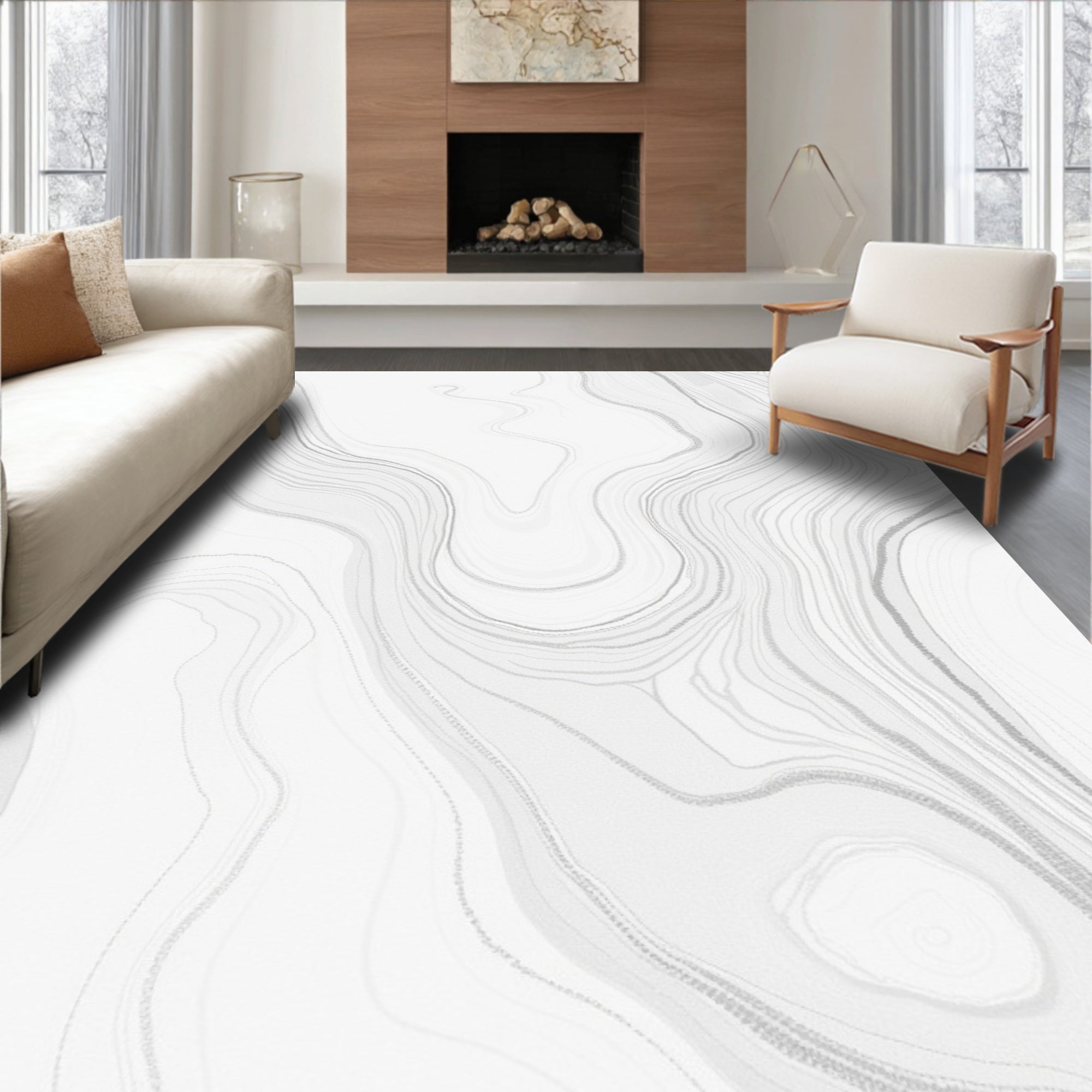 Abstract White Marble Wavy Pattern Rug