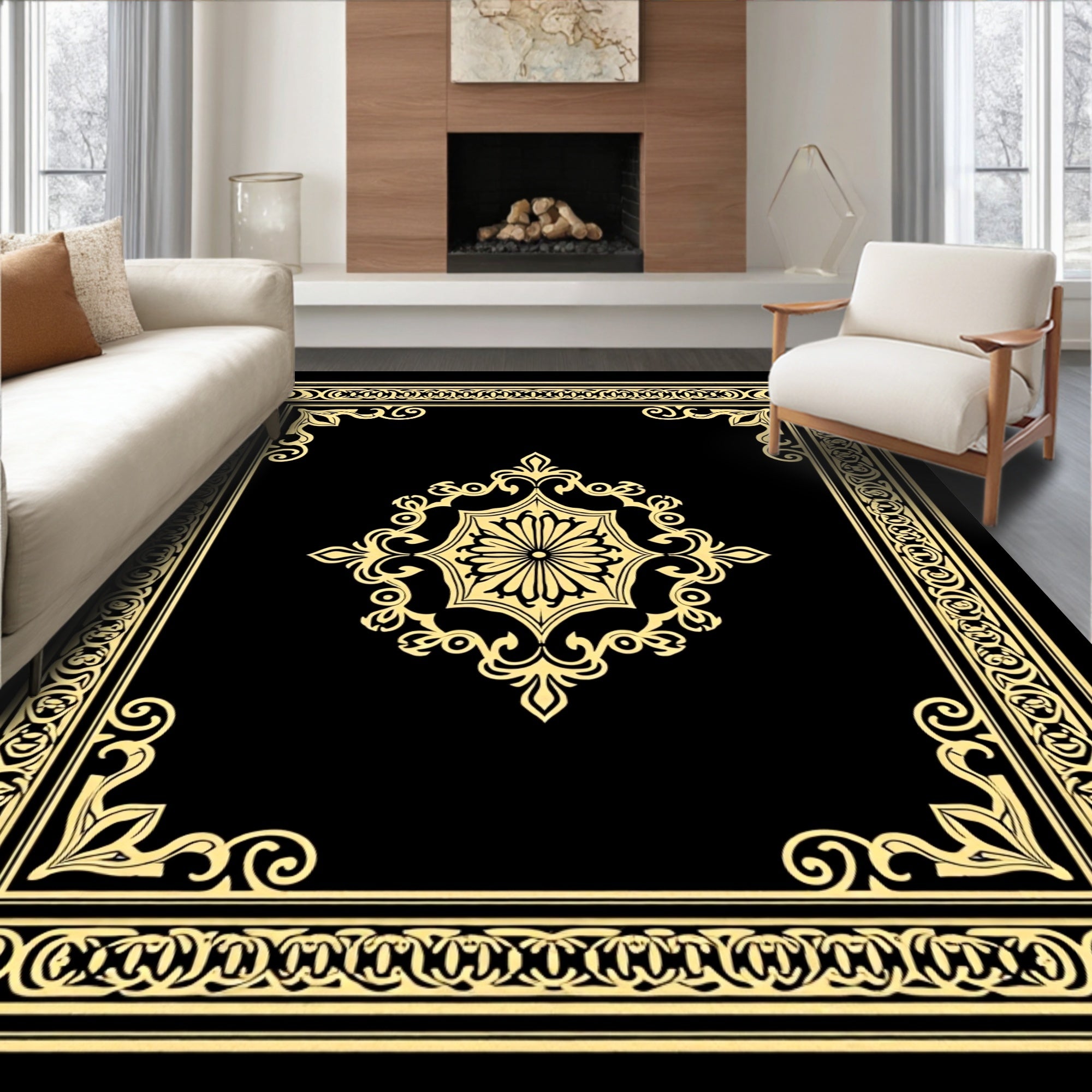 Golden Elaborate Floral Border Design Rug
