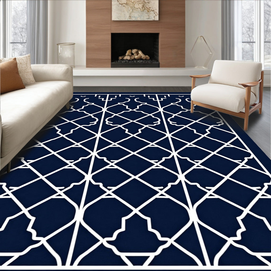 Intricate Indigo Lattice Geometric Design Rug