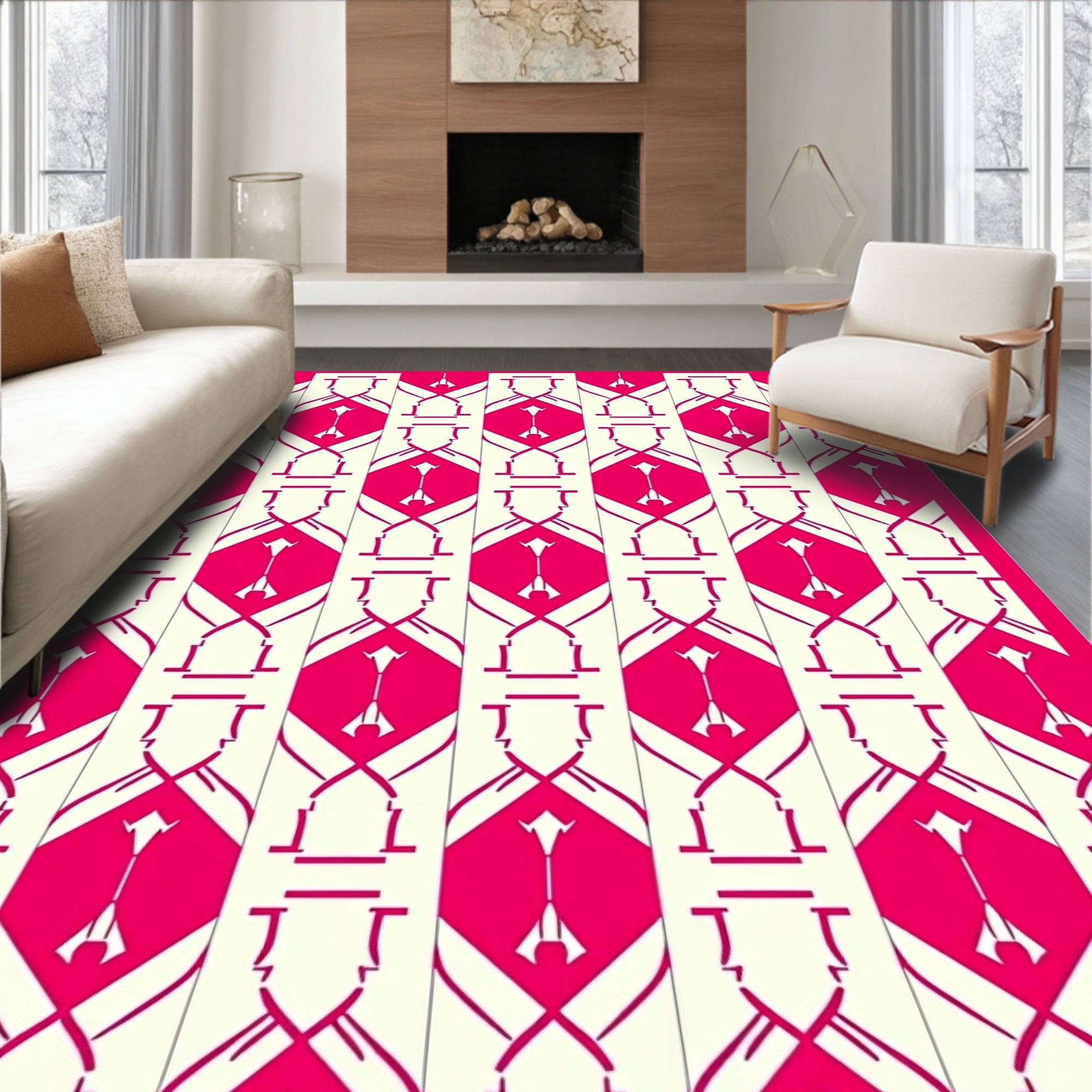 Crimson Cream Geometric Symmetry Design Rug
