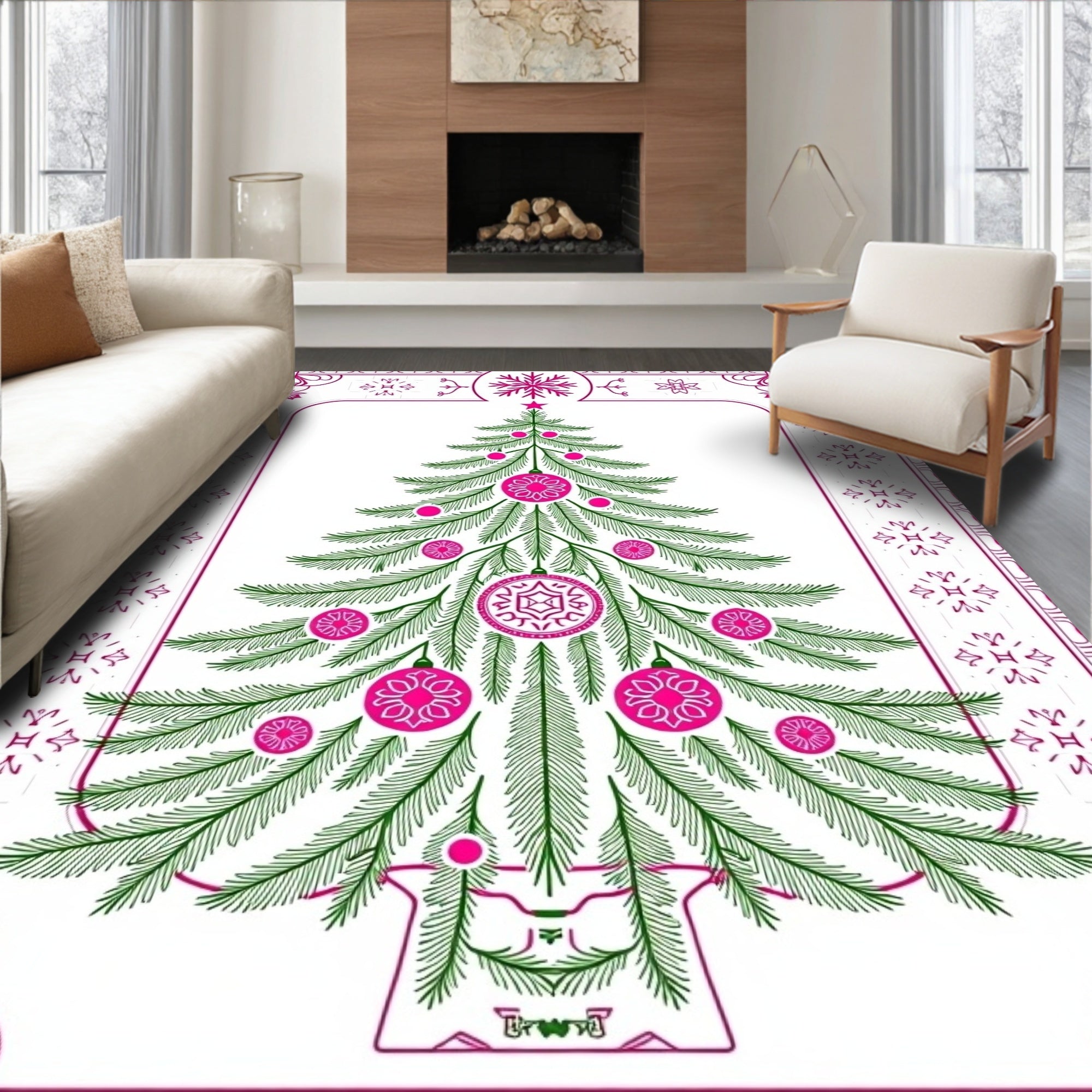 Festive Pink Green Christmas Tree Rug