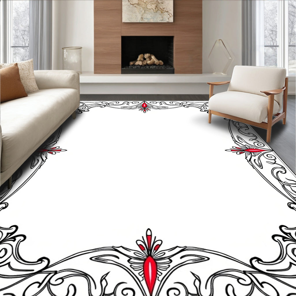 Art Nouveau Black Red Floral Scroll Rug