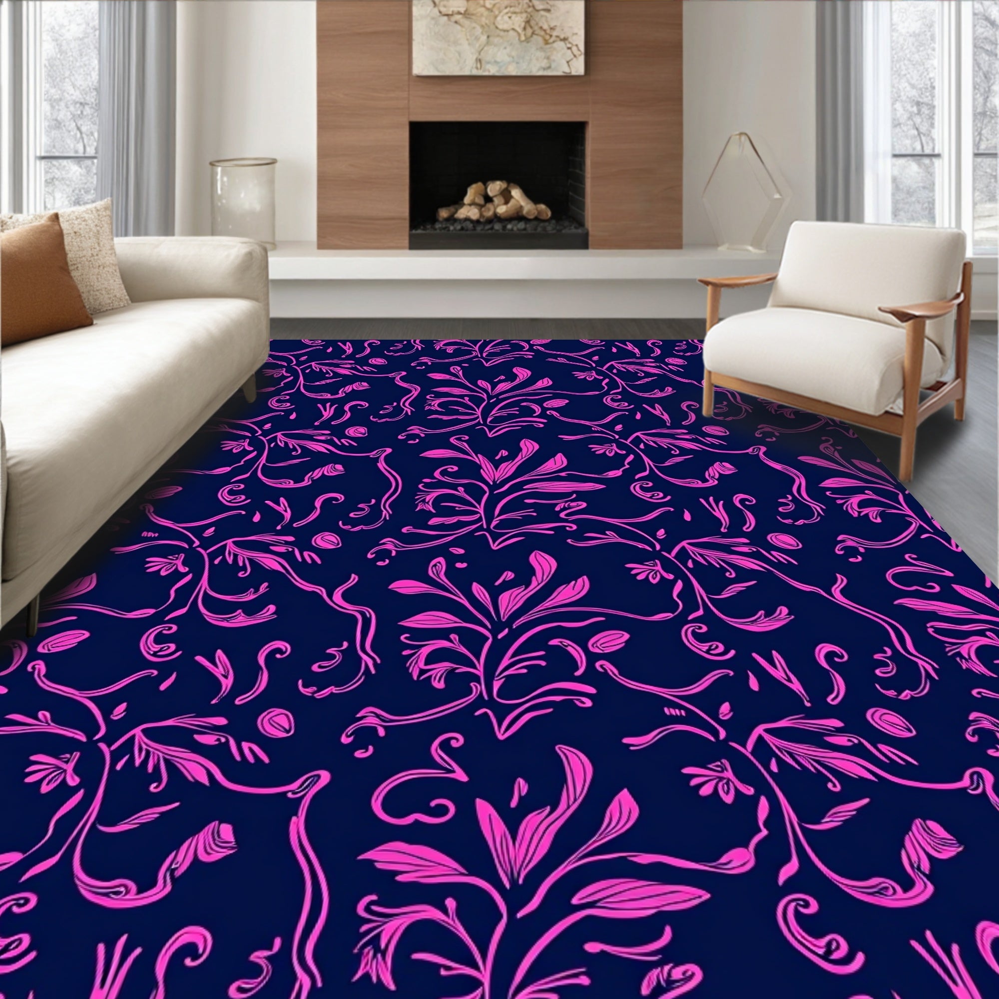 Vibrant Pink Floral Vine Pattern Rug