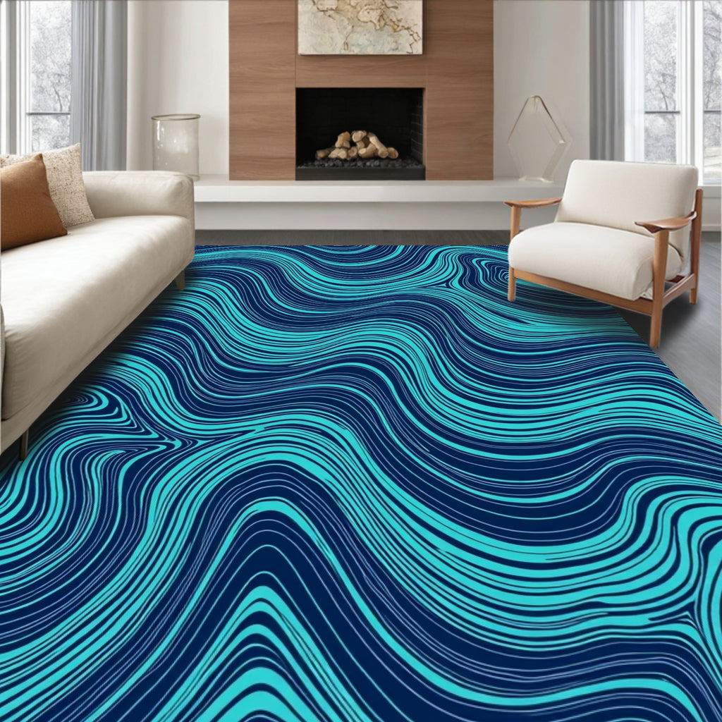 Flowing Aqua Blue Abstract Lines Rug