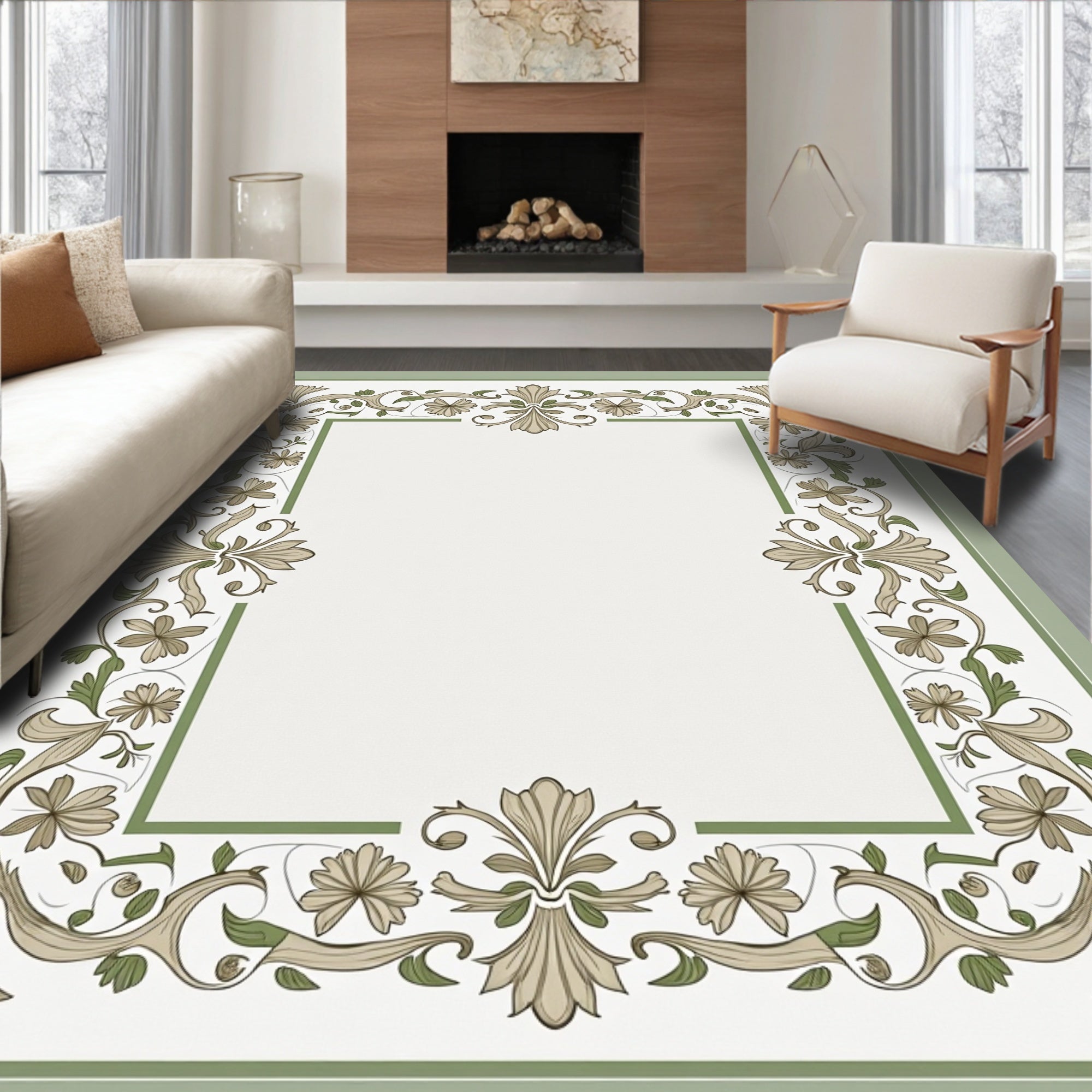 Floral Scrollwork Inspired Border Design Rug