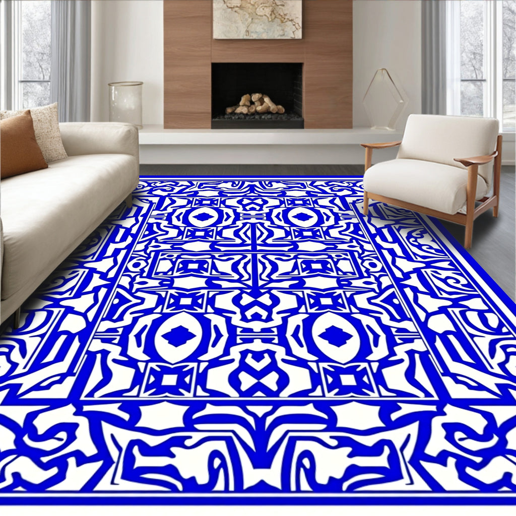 Intricate Blue White Symmetric Pattern Rug