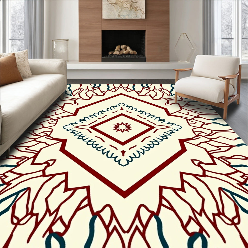 Maroon And Teal Complex Diamond Pattern Rug