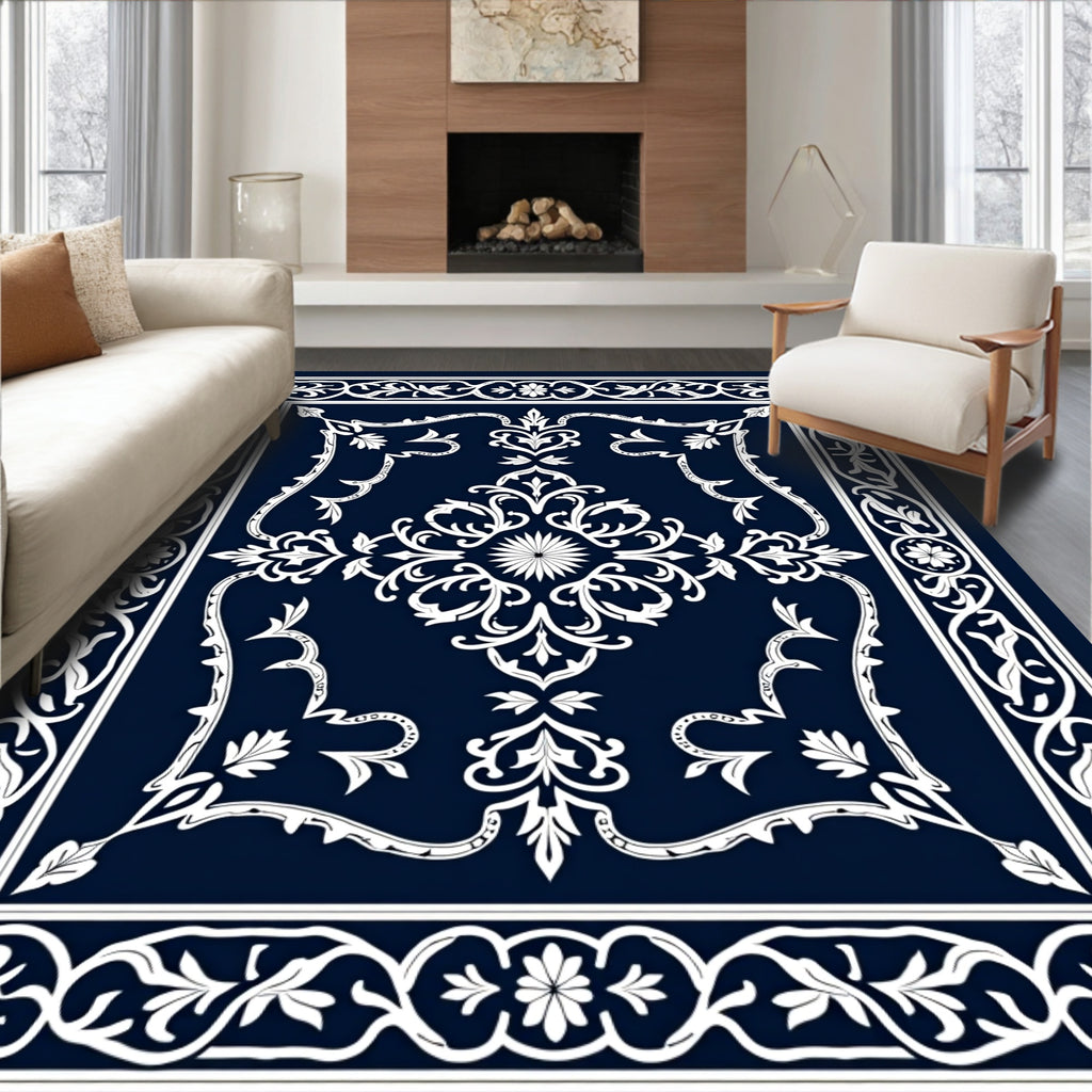 Ornate Floral Vine Dark Blue Rug