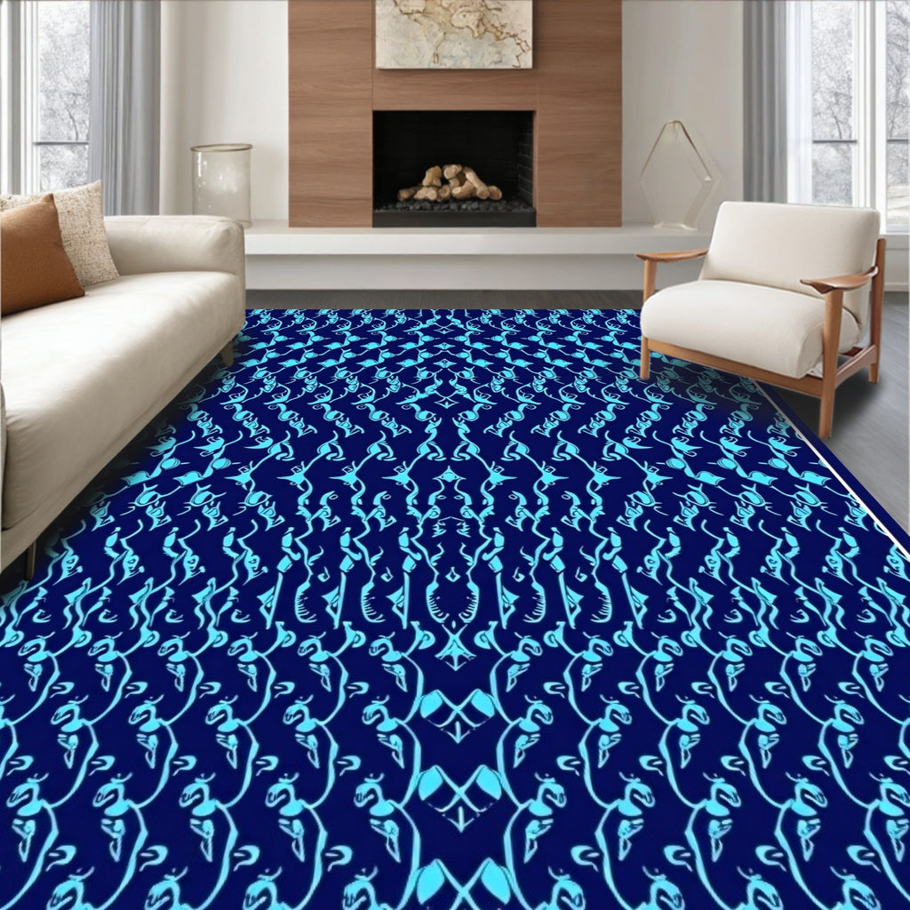 Royal Blue Teal Floral Pattern Rug