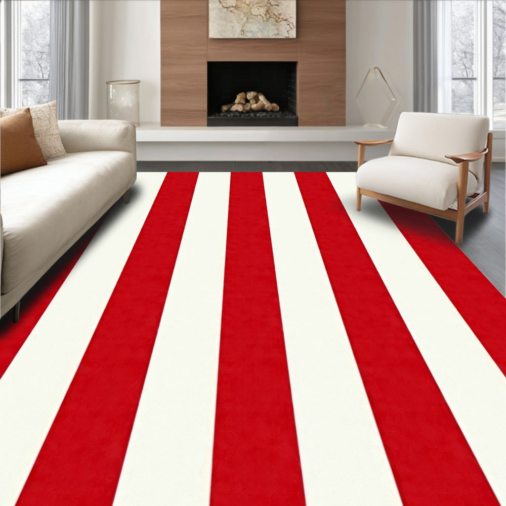 Bold Red Cream Vertical Stripe Rug
