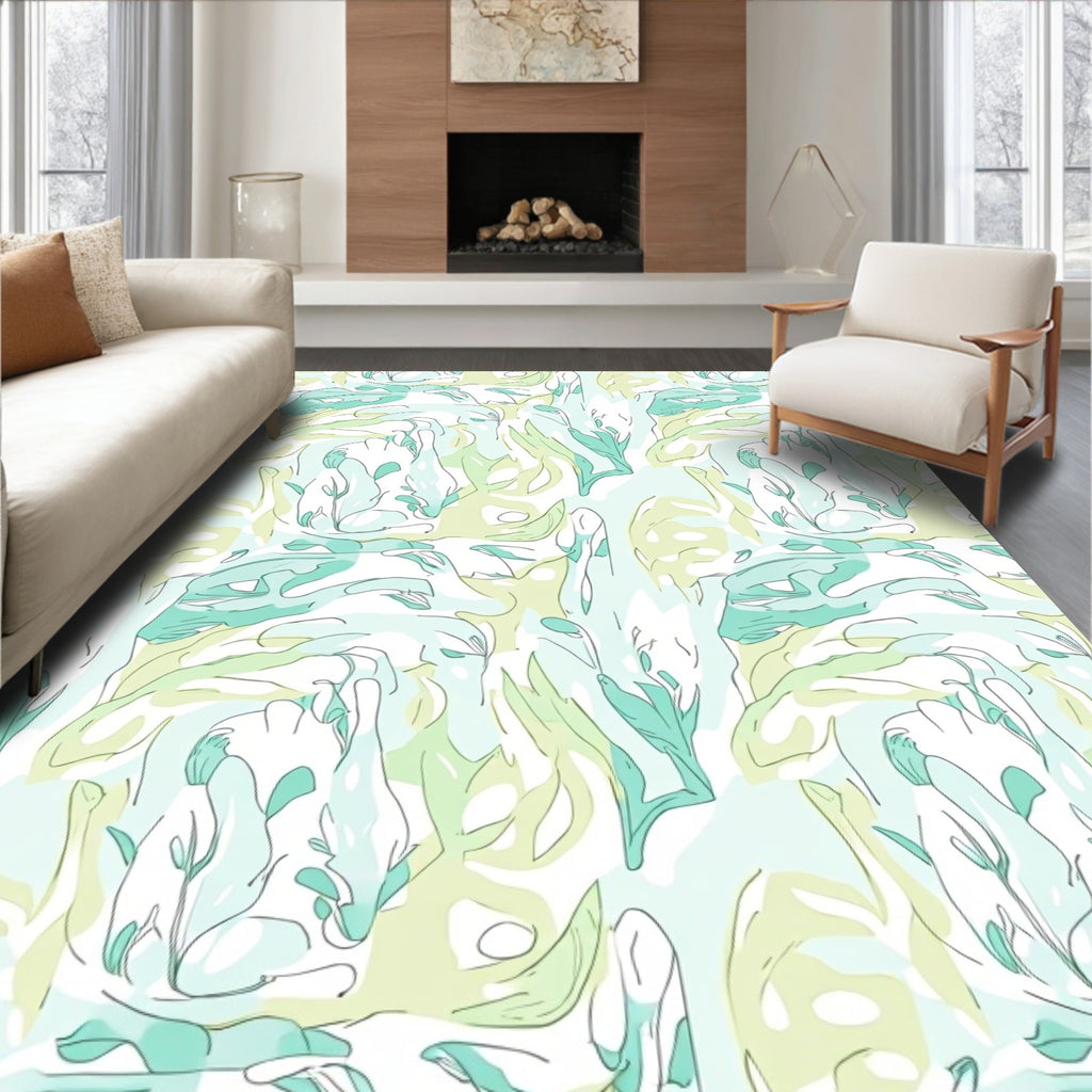 Abstract Seafoam Leaf Pattern Rug