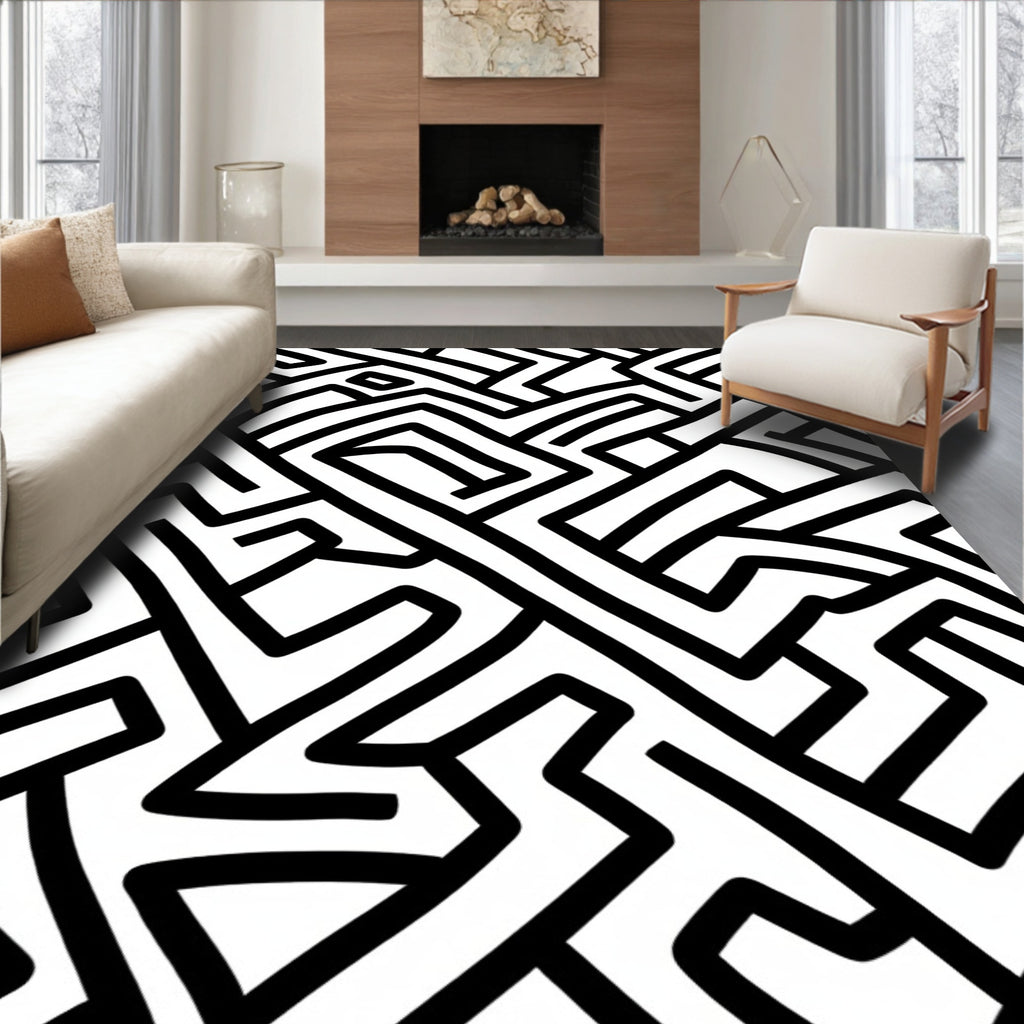 Abstract Black White Interlocking Lines Rug