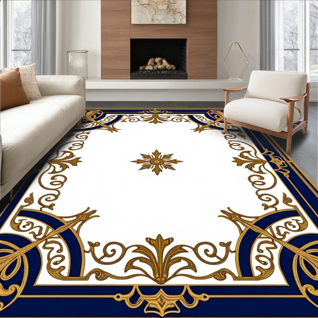 Regal Gold Deep Blue Floral Frame Rug