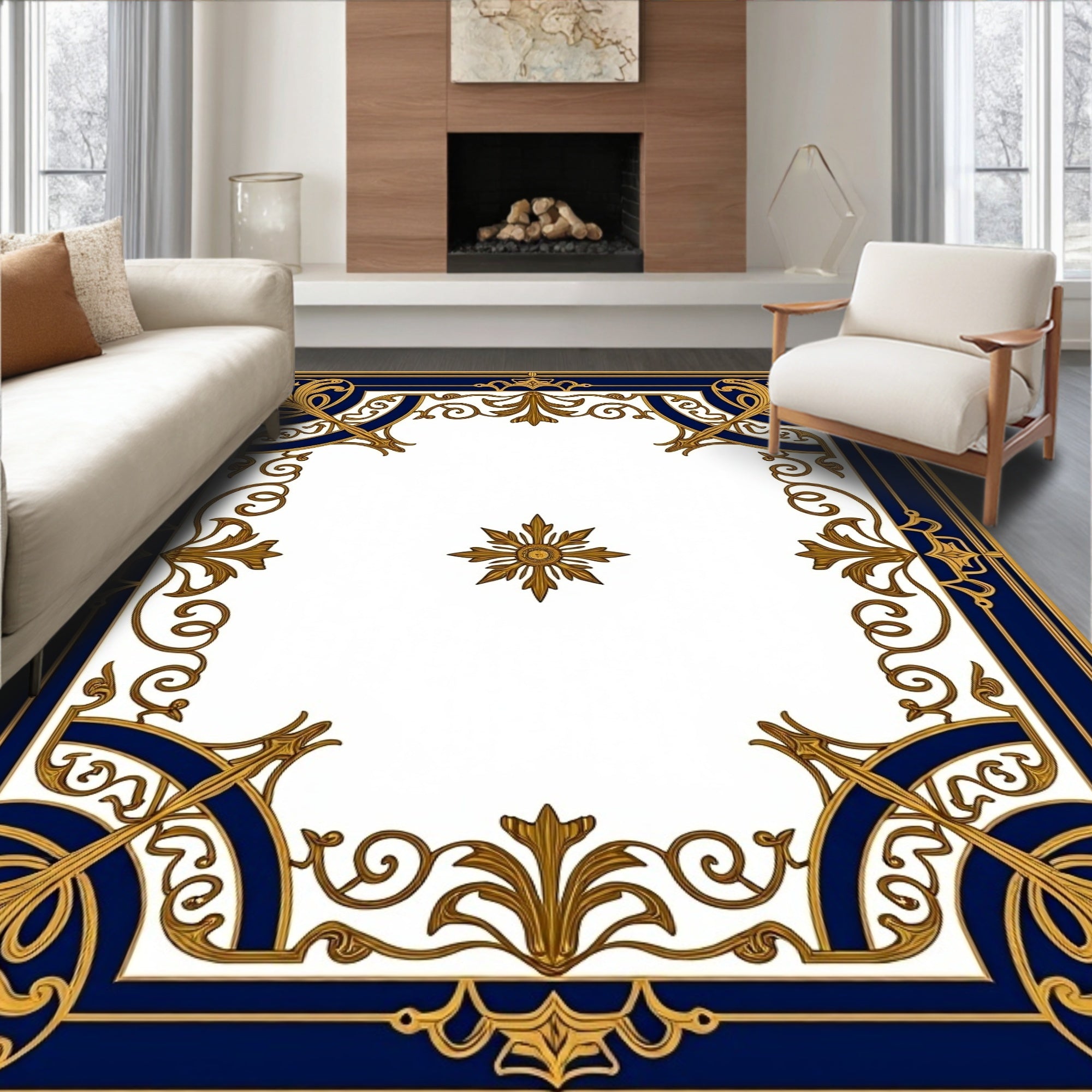 Regal Gold Deep Blue Floral Frame Rug