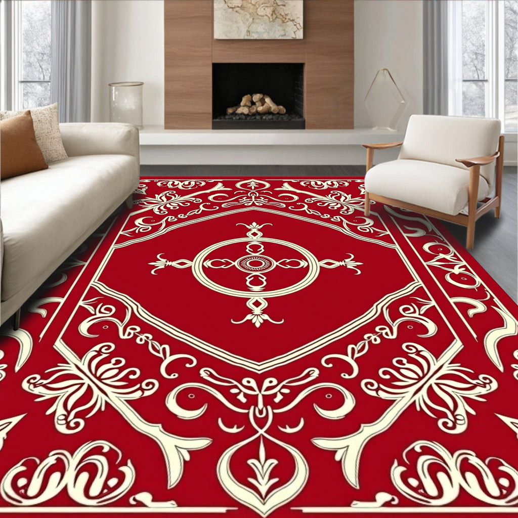 Crimson Floral Symmetry Design Rug
