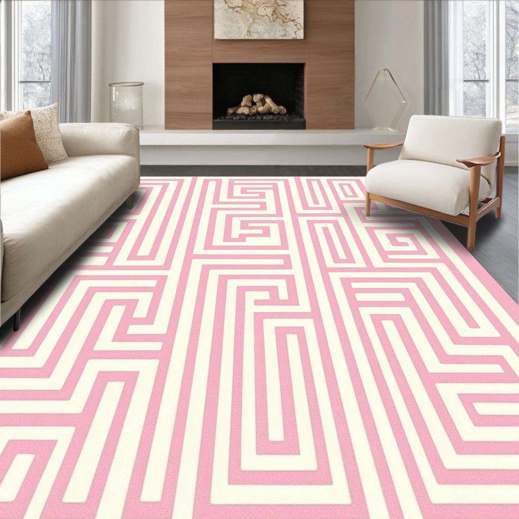 Geometric Maze Pattern Pink Rug