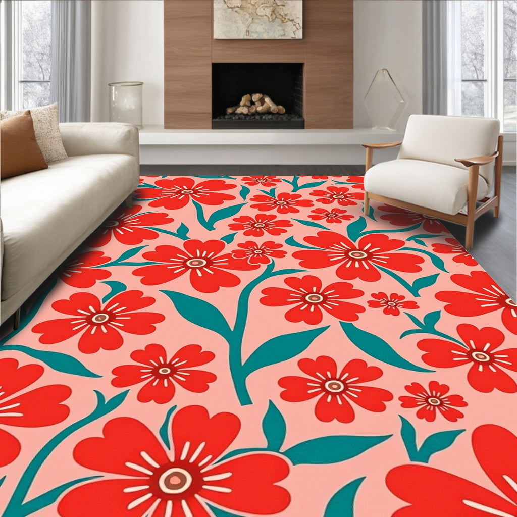 Red Floral Pattern with Teal Accents Rug