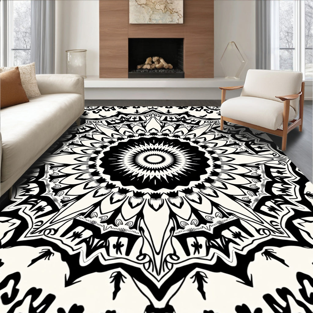 Intricate Black and White Mandala Pattern Rug