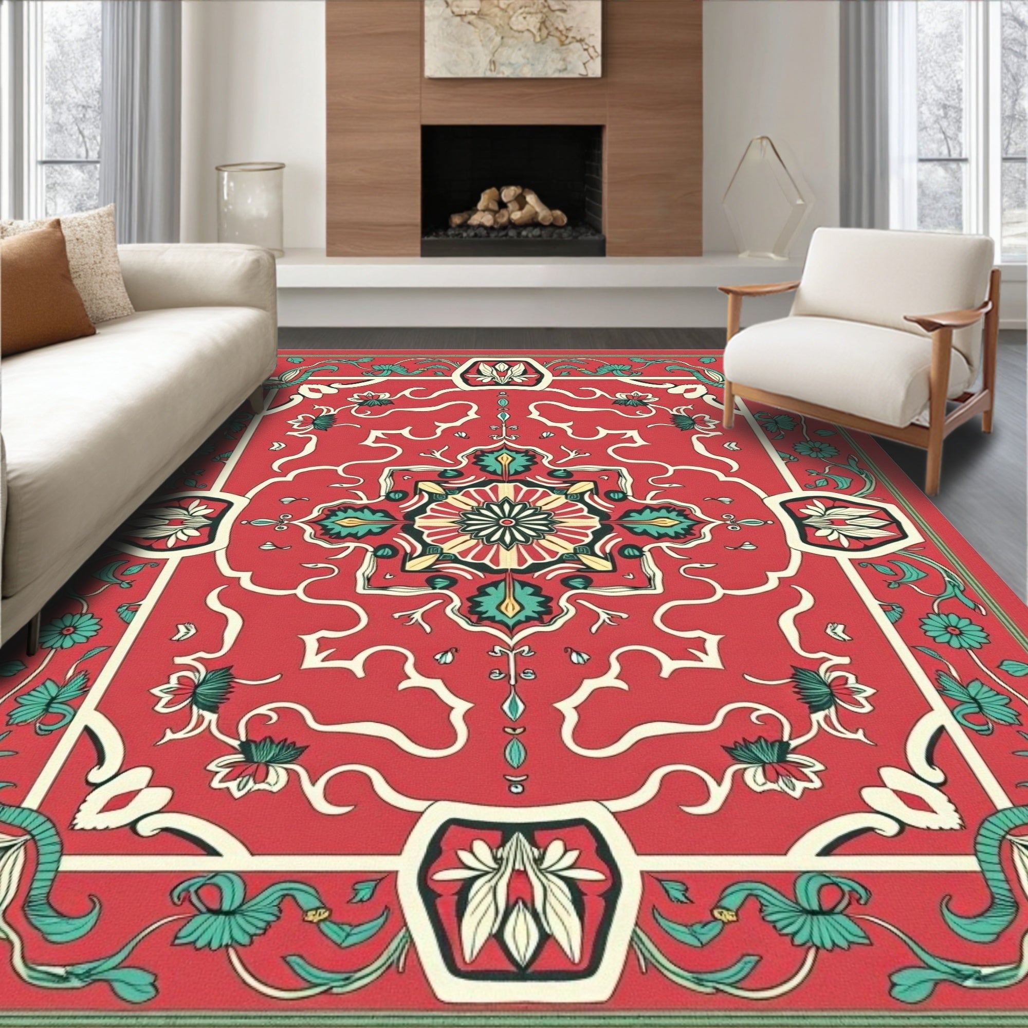 Red Floral And Vine Medallion Rug
