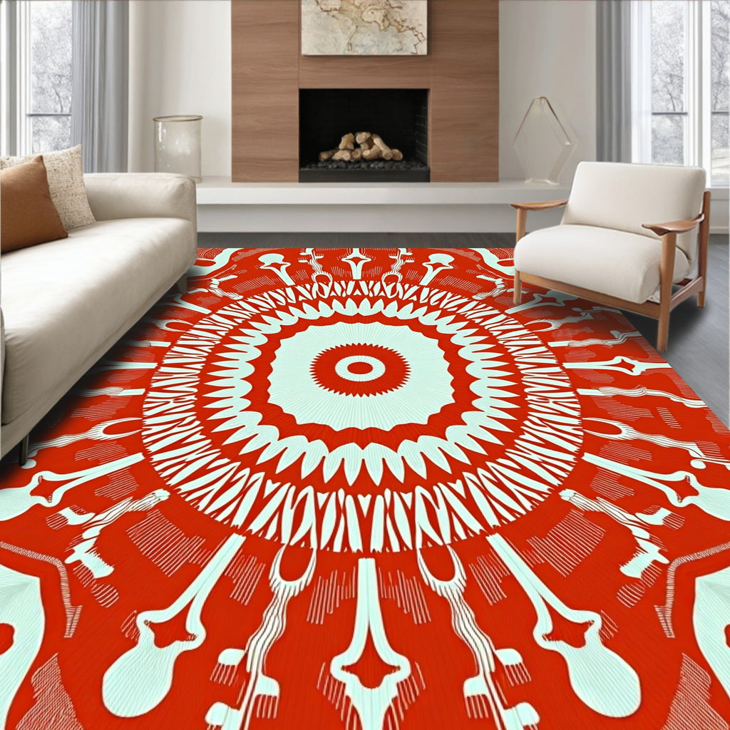 Intricate Radial Red White Pattern Rug