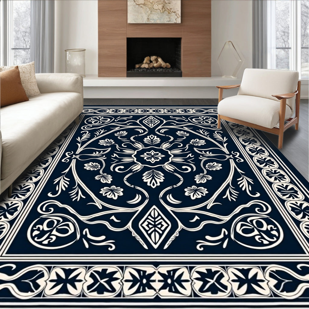Intricate Floral Scrollwork Navy Blue Rug