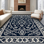 Intricate Floral Scrollwork Navy Blue Rug